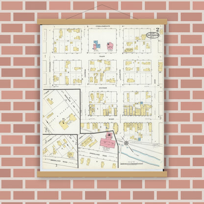 Old map wall art mockup — magnetic wood frame on brick wall — Sanborn Fire Insurance Map from Ontonagon, Ontonagon County, Michigan (1917), Sheet #0002
