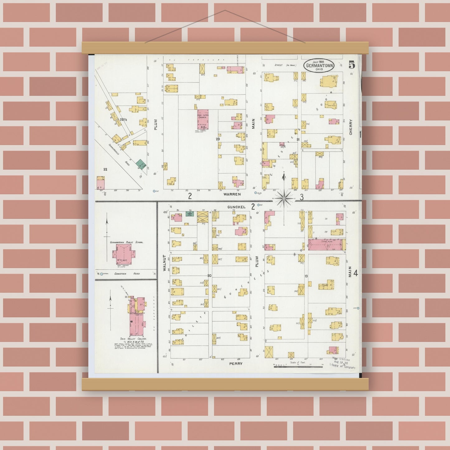 Old map wall art mockup — magnetic wood frame on brick wall — Sanborn Fire Insurance Map from Germantown, Montgomery County, Ohio (1905), Sheet #0005
