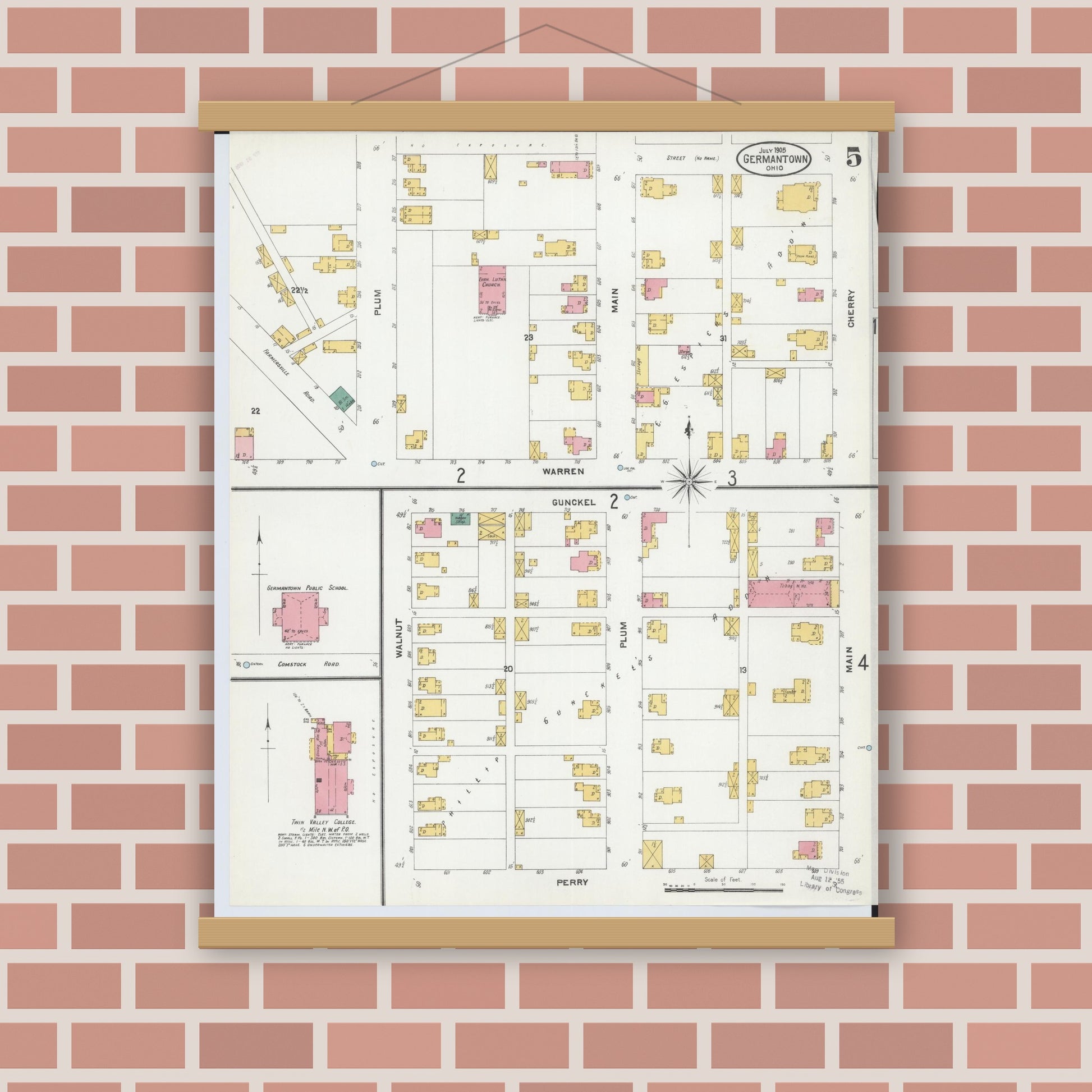 Old map wall art mockup — magnetic wood frame on brick wall — Sanborn Fire Insurance Map from Germantown, Montgomery County, Ohio (1905), Sheet #0005