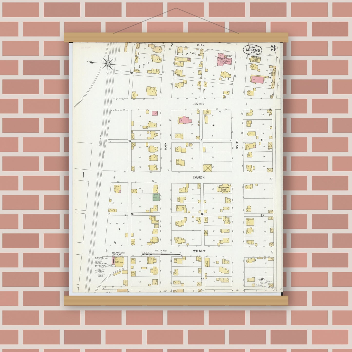 Old map wall art mockup — magnetic wood frame on brick wall — Sanborn Fire Insurance Map from McComb, Hancock County, Ohio (1901), Sheet #0003