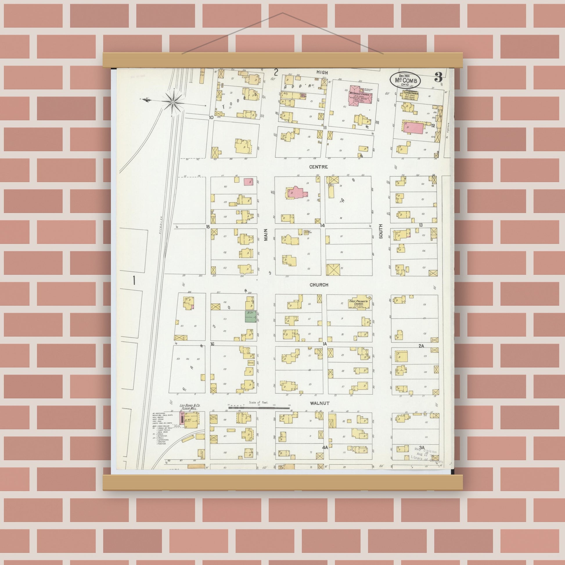 Old map wall art mockup — magnetic wood frame on brick wall — Sanborn Fire Insurance Map from McComb, Hancock County, Ohio (1901), Sheet #0003