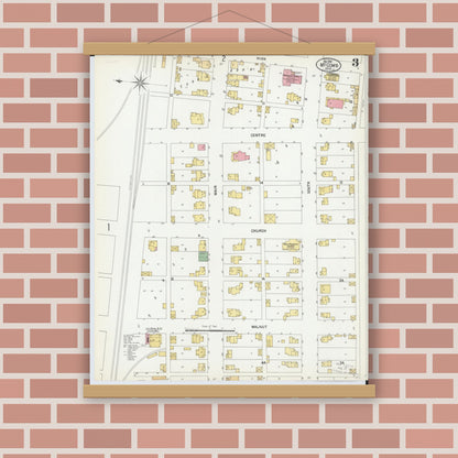 Old map wall art mockup — magnetic wood frame on brick wall — Sanborn Fire Insurance Map from McComb, Hancock County, Ohio (1901), Sheet #0003