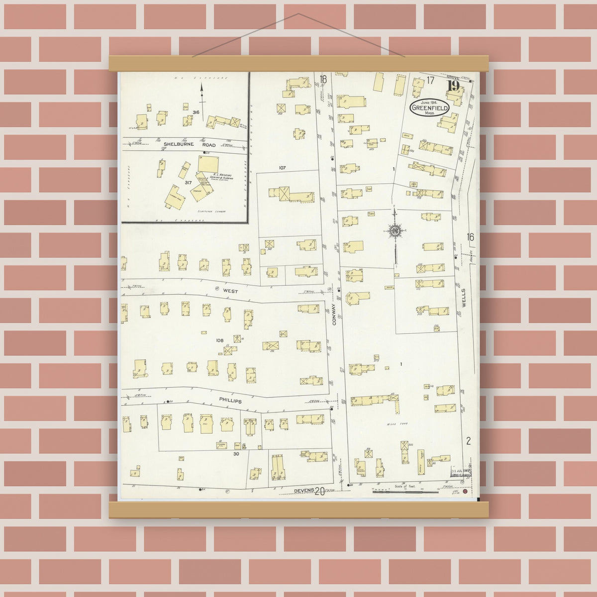 Old map wall art mockup — magnetic wood frame on brick wall — Sanborn Fire Insurance Map from Greenfield, Franklin County, Massachusetts (1914), Sheet #0019