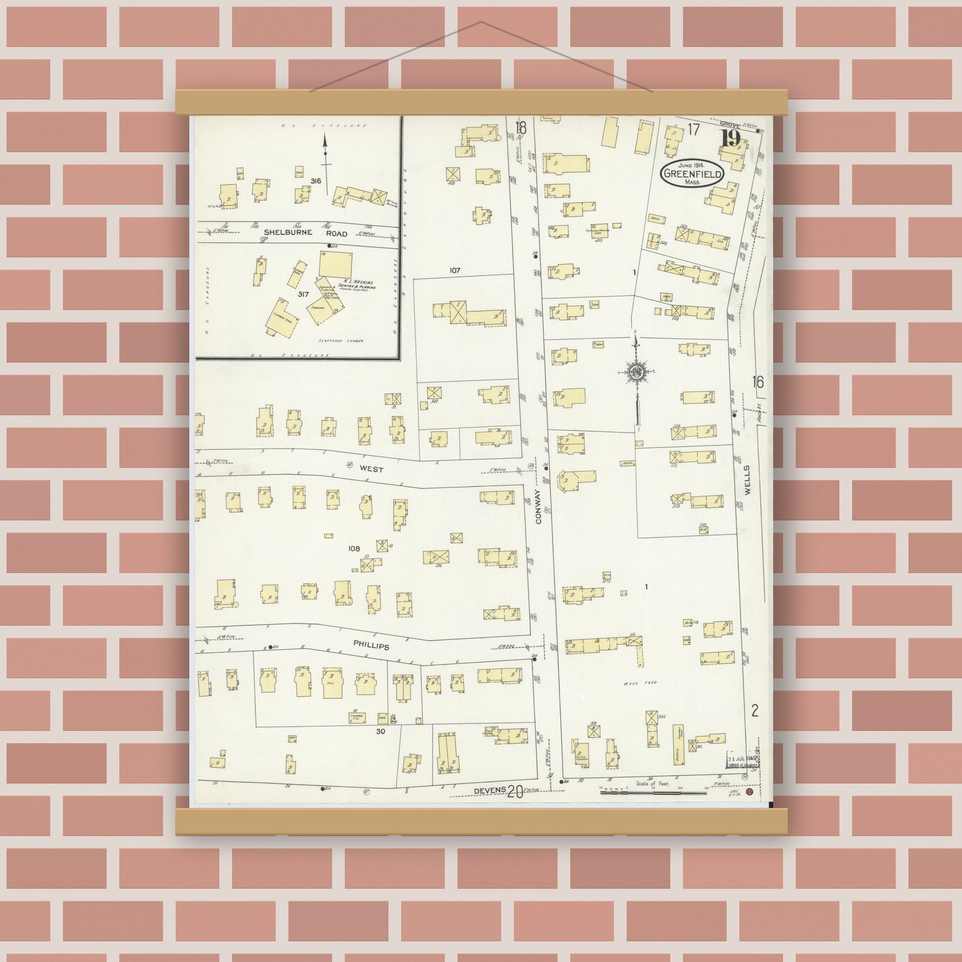 Old map wall art mockup — magnetic wood frame on brick wall — Sanborn Fire Insurance Map from Greenfield, Franklin County, Massachusetts (1914), Sheet #0019