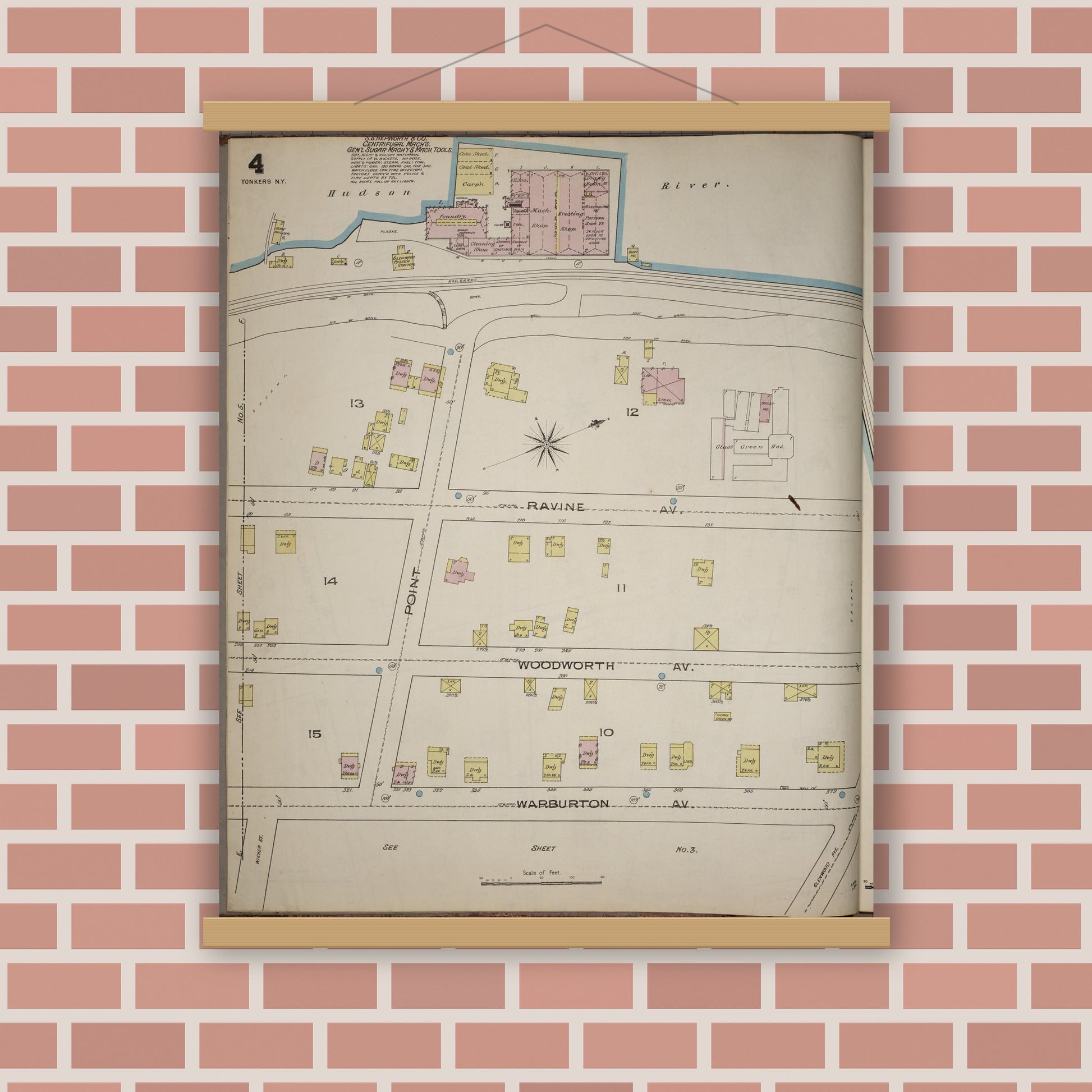 Old map wall art mockup — magnetic wood frame on brick wall — Sanborn Fire Insurance Map from Yonkers, Westchester County, New York (1886), Sheet #0004