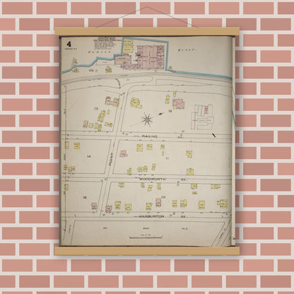 Old map wall art mockup — magnetic wood frame on brick wall — Sanborn Fire Insurance Map from Yonkers, Westchester County, New York (1886), Sheet #0004
