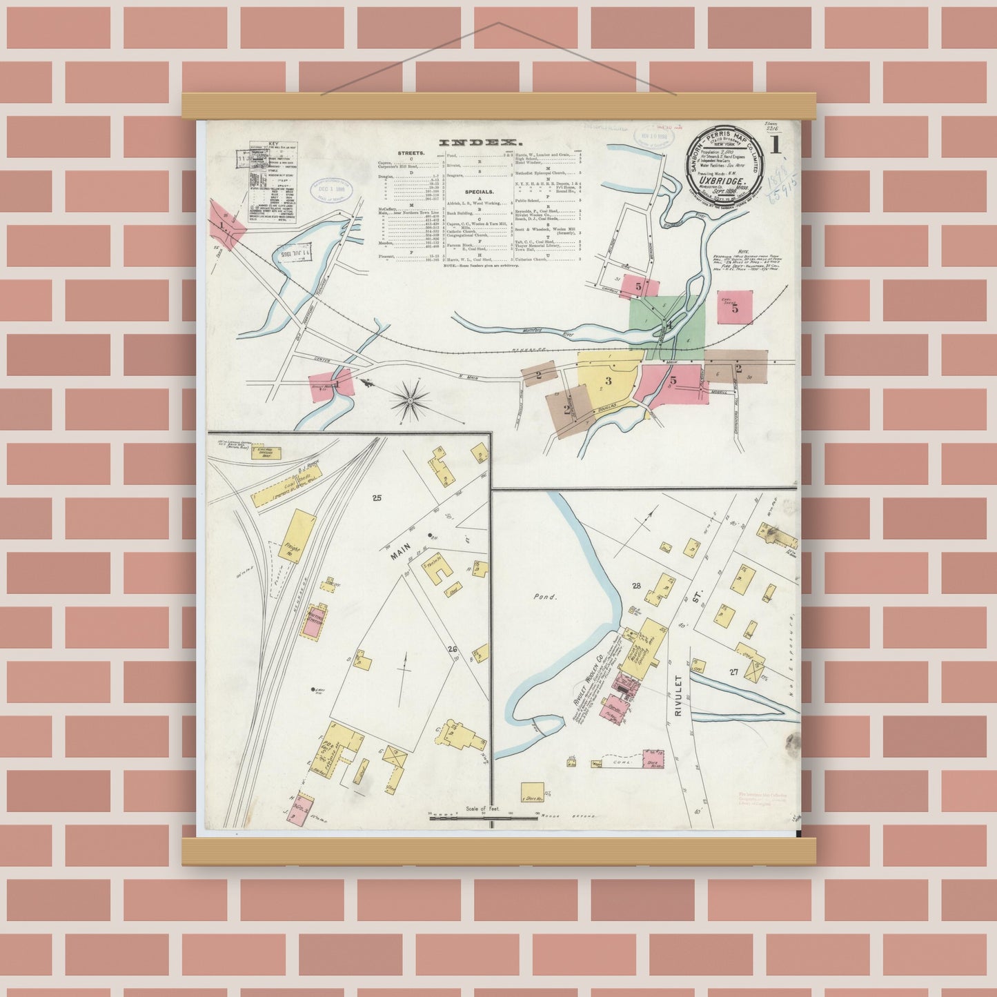Old map wall art mockup — magnetic wood frame on brick wall — Sanborn Fire Insurance Map from Uxbridge, Worcester County, Massachusetts (1898) - Complete Map Set