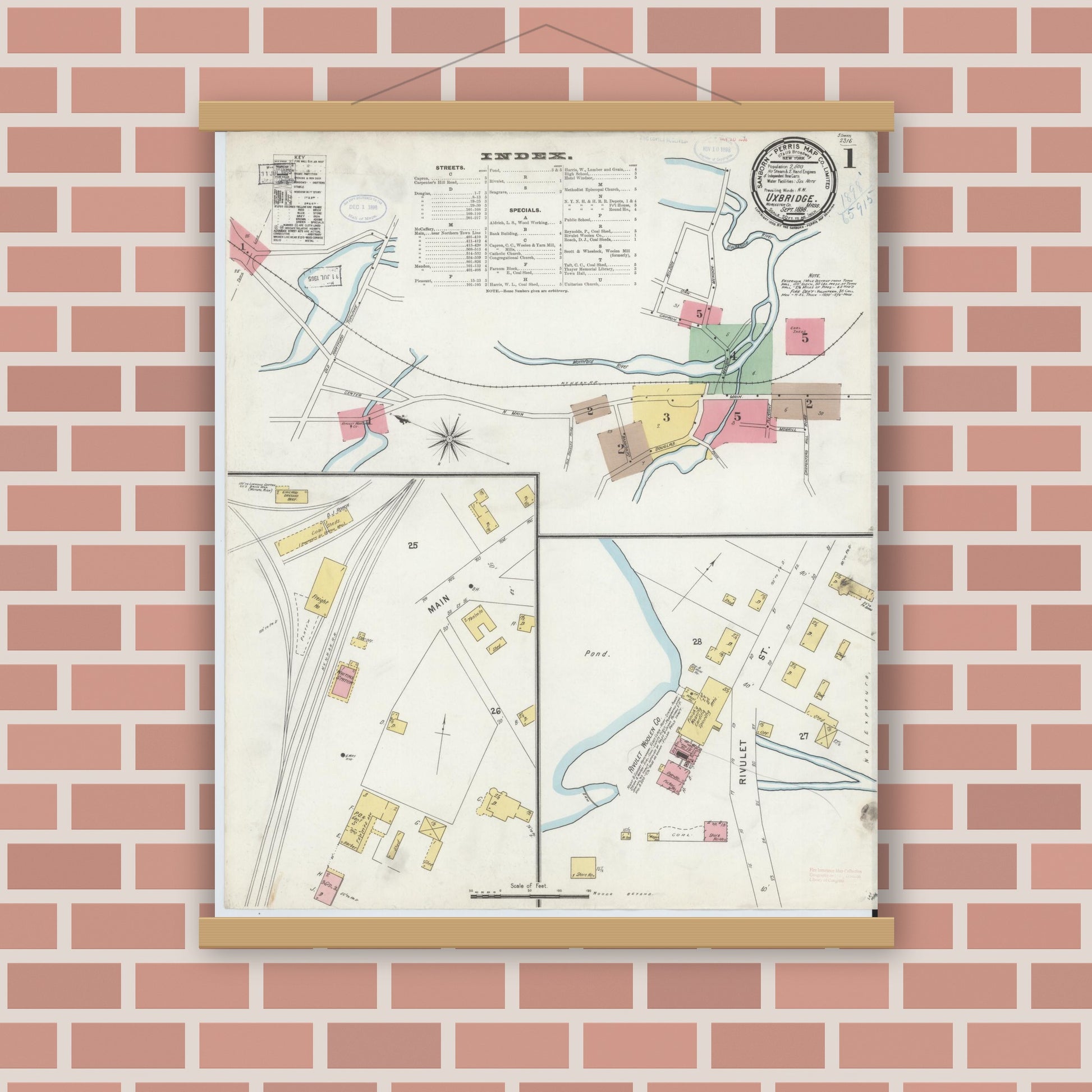 Old map wall art mockup — magnetic wood frame on brick wall — Sanborn Fire Insurance Map from Uxbridge, Worcester County, Massachusetts (1898) - Complete Map Set
