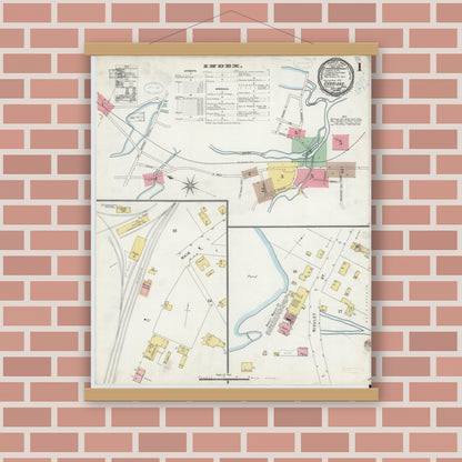 Old map wall art mockup — magnetic wood frame on brick wall — Sanborn Fire Insurance Map from Uxbridge, Worcester County, Massachusetts (1898) - Complete Map Set