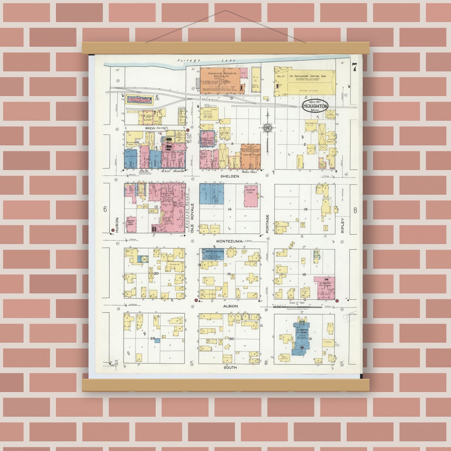 Old map wall art mockup — magnetic wood frame on brick wall — Sanborn Fire Insurance Map from Houghton, Houghton County, Michigan (1917), Sheet #0007