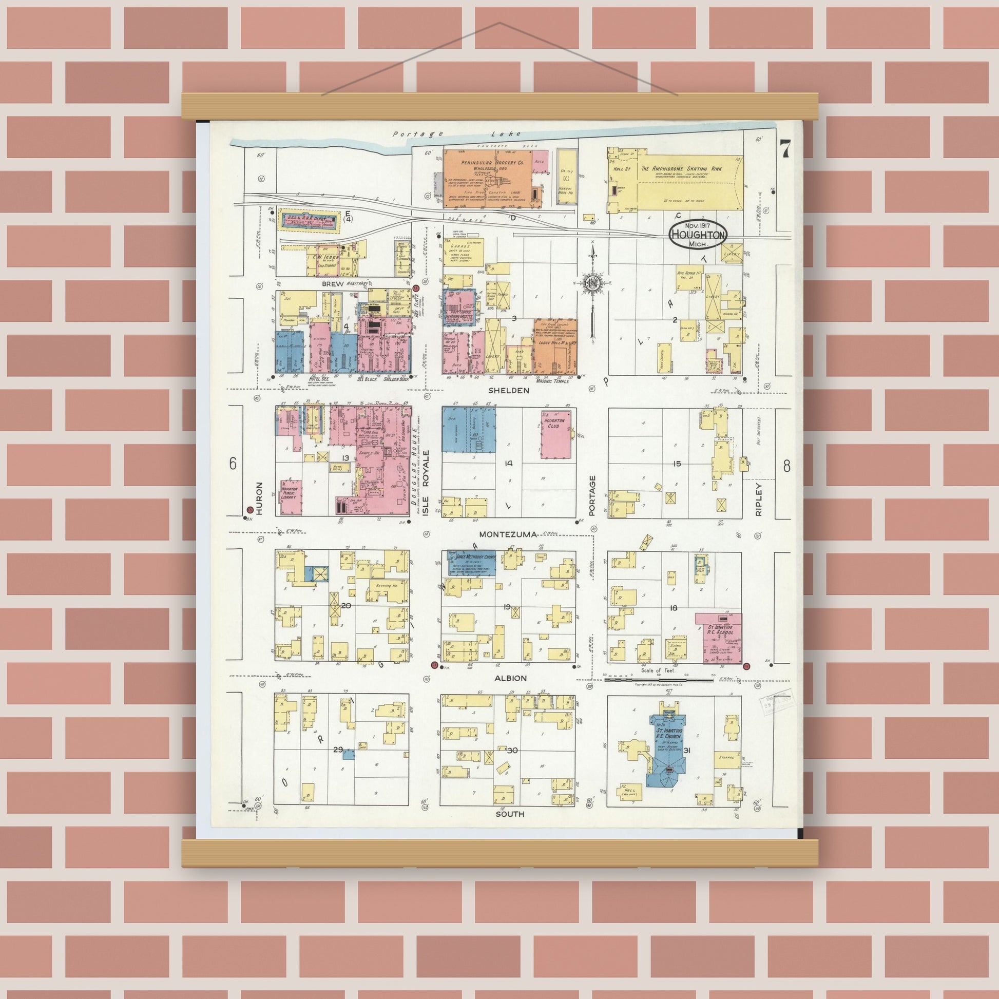 Old map wall art mockup — magnetic wood frame on brick wall — Sanborn Fire Insurance Map from Houghton, Houghton County, Michigan (1917), Sheet #0007