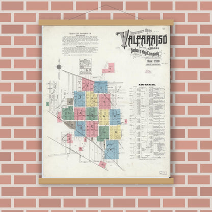 Old map wall art mockup — magnetic wood frame on brick wall — Sanborn Fire Insurance Map from Valparaiso, Porter County, Indiana (1910) - Complete Map Set