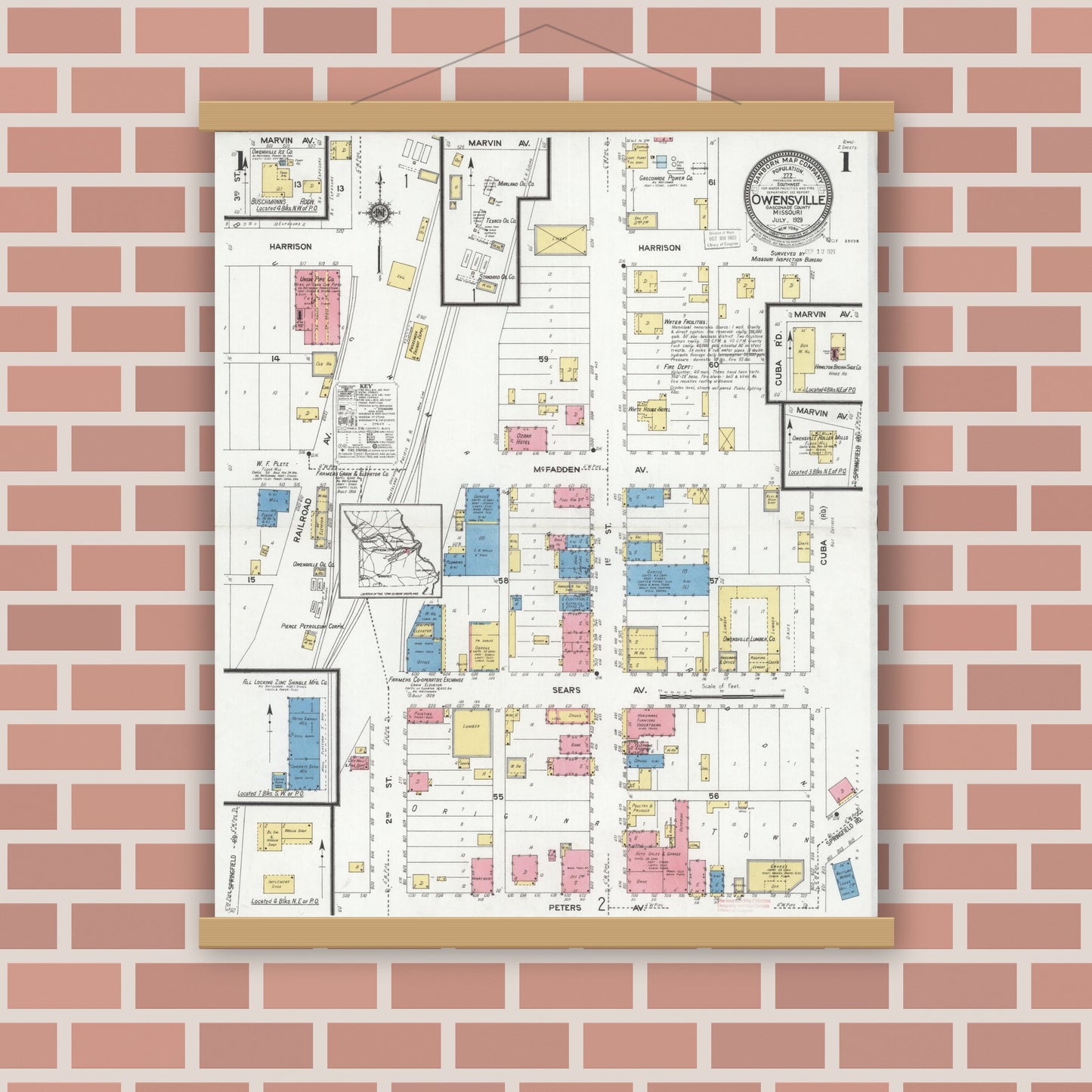 Old map wall art mockup — magnetic wood frame on brick wall — Sanborn Fire Insurance Map from Owensville, Gasconade County, Missouri (1929) - Complete Map Set