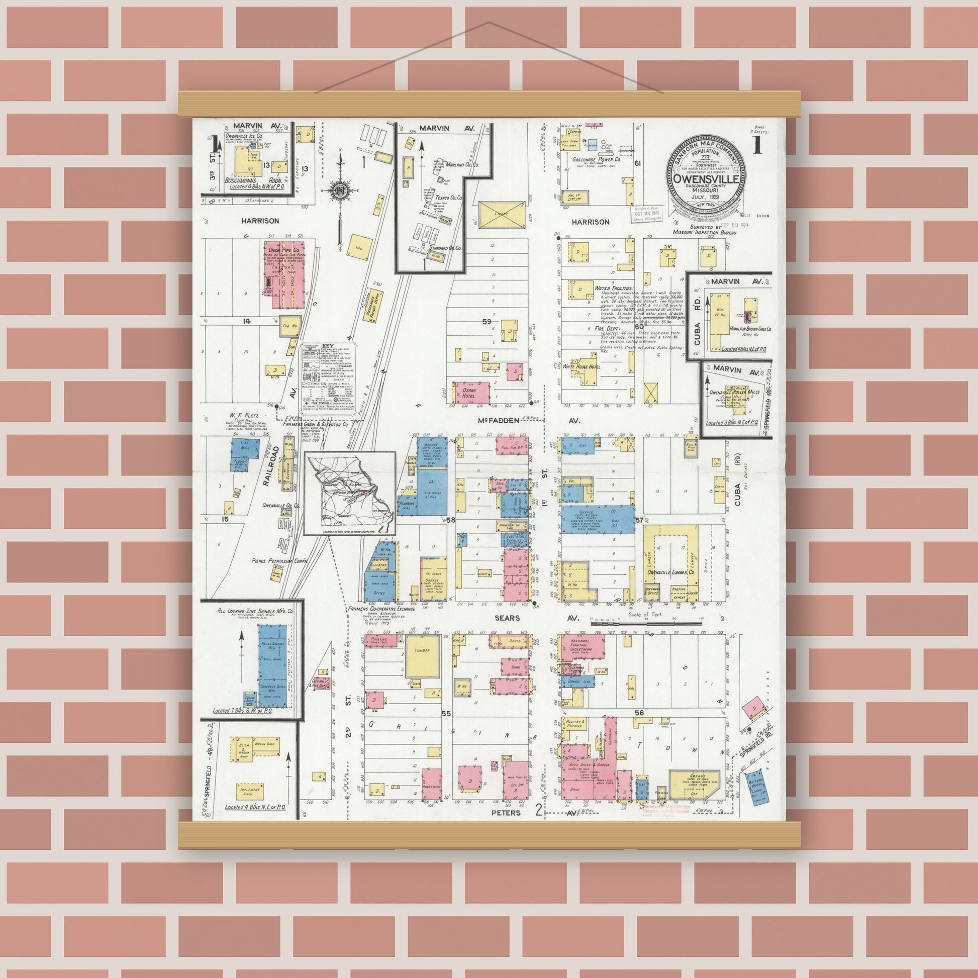 Old map wall art mockup — magnetic wood frame on brick wall — Sanborn Fire Insurance Map from Owensville, Gasconade County, Missouri (1929) - Complete Map Set