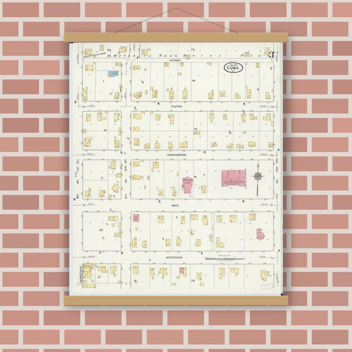 Old map wall art mockup — magnetic wood frame on brick wall — Sanborn Fire Insurance Map from Cuba, Fulton County, Illinois (1919), Sheet #0003