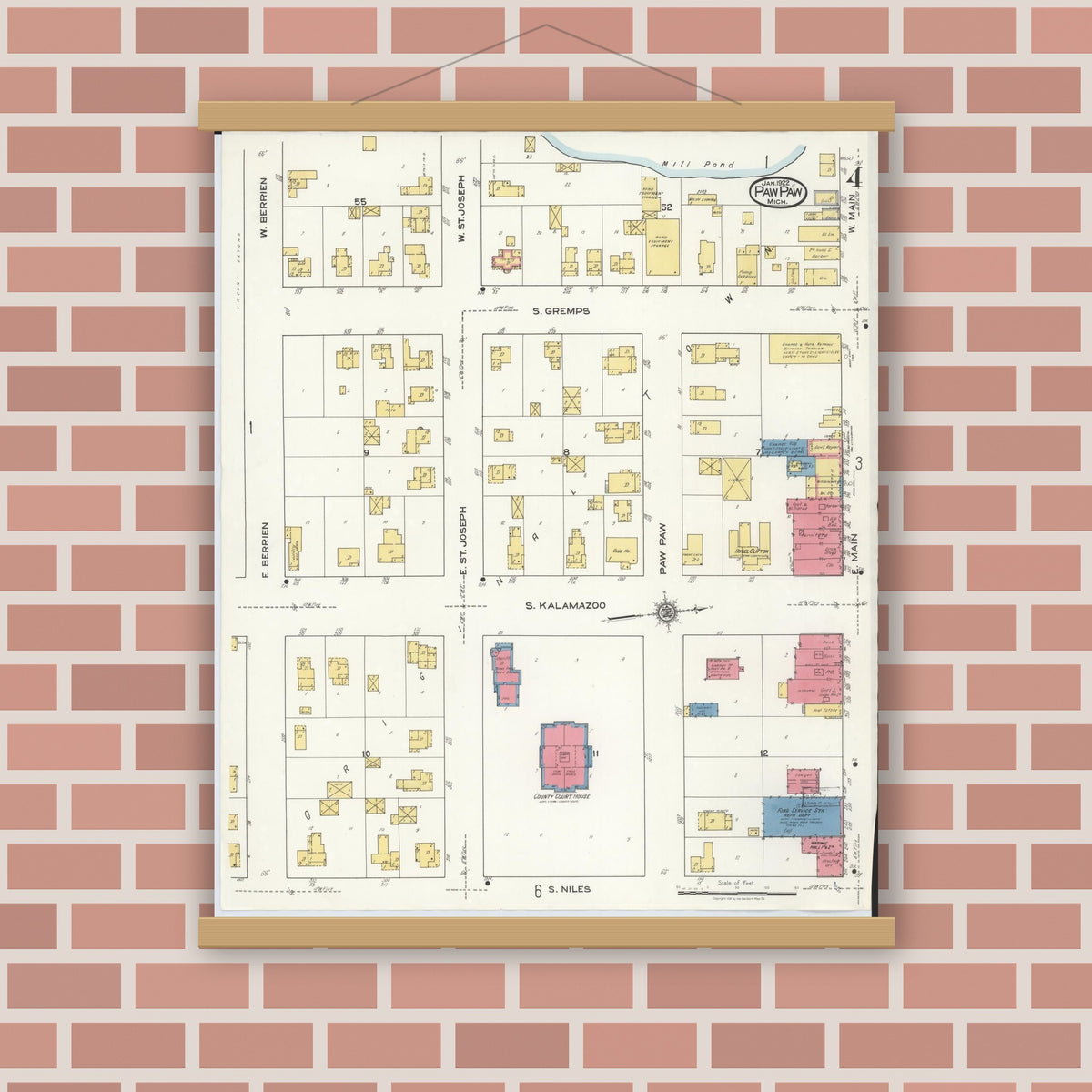 Old map wall art mockup — magnetic wood frame on brick wall — Sanborn Fire Insurance Map from Paw Paw, Van Buren County, Michigan (1922), Sheet #0004