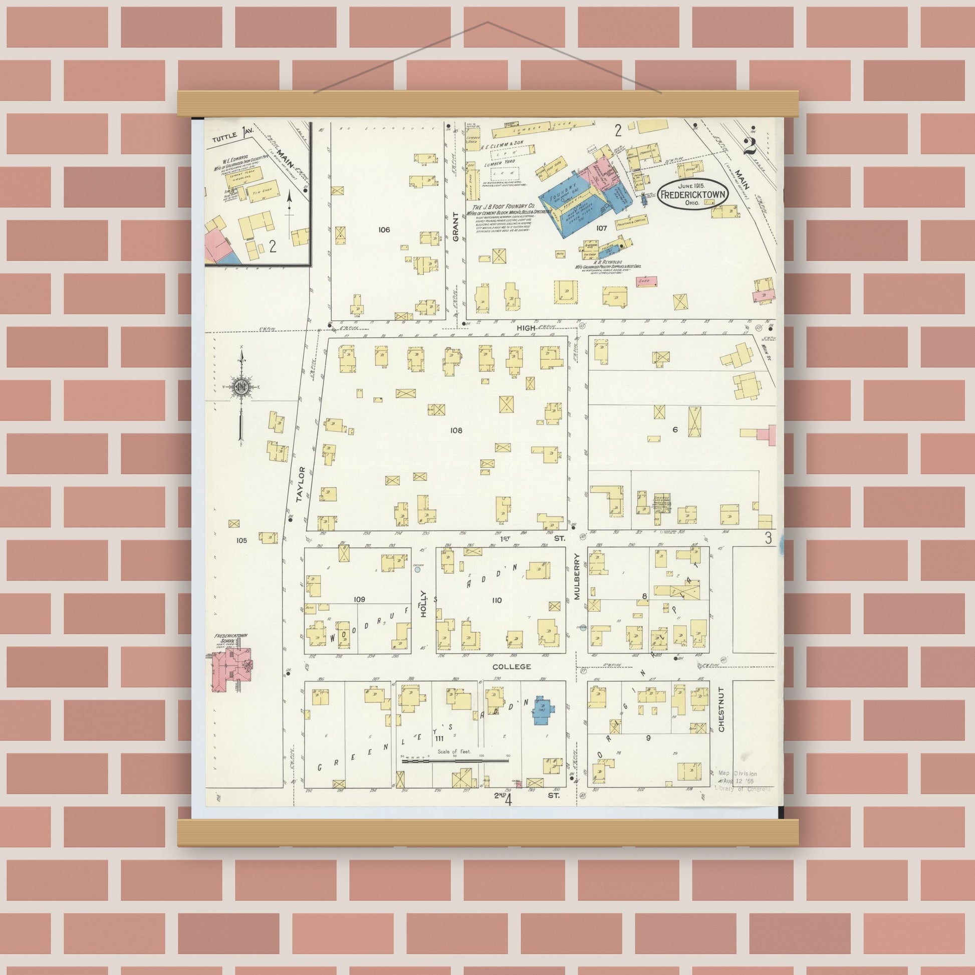 Old map wall art mockup — magnetic wood frame on brick wall — Sanborn Fire Insurance Map from Fredericktown, Knox County, Ohio (1915), Sheet #0002