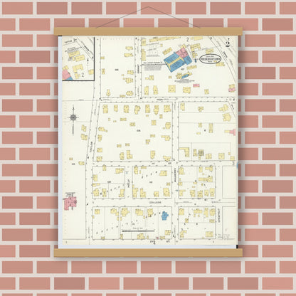 Old map wall art mockup — magnetic wood frame on brick wall — Sanborn Fire Insurance Map from Fredericktown, Knox County, Ohio (1915), Sheet #0002