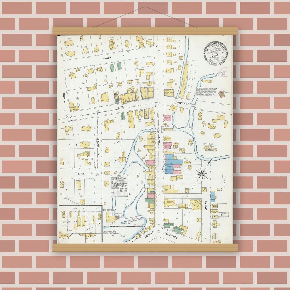 Old map wall art mockup — magnetic wood frame on brick wall — Sanborn Fire Insurance Map from Lodi, Columbia County, Wisconsin (1904), Sheet #0001