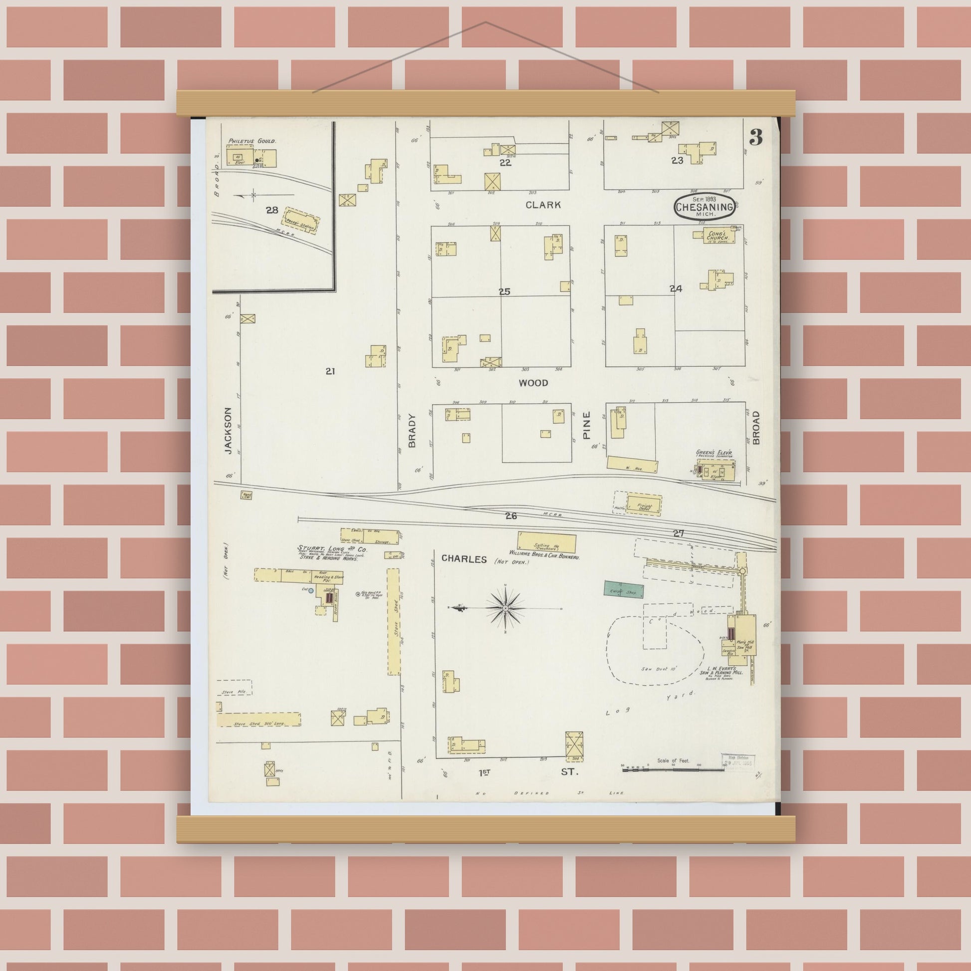Old map wall art mockup — magnetic wood frame on brick wall — Sanborn Fire Insurance Map from Chesaning, Saginaw County, Michigan (1893), Sheet #0003