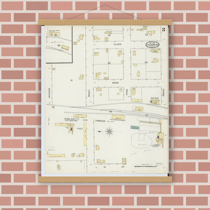 Old map wall art mockup — magnetic wood frame on brick wall — Sanborn Fire Insurance Map from Chesaning, Saginaw County, Michigan (1893), Sheet #0003