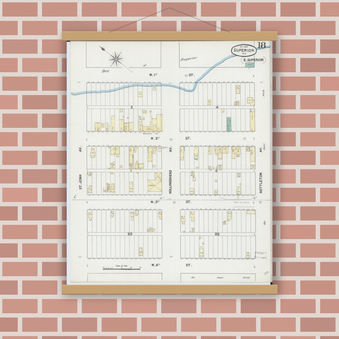 Old map wall art mockup — magnetic wood frame on brick wall — Sanborn Fire Insurance Map from Superior, Douglas County, Wisconsin (1889), Sheet #0018