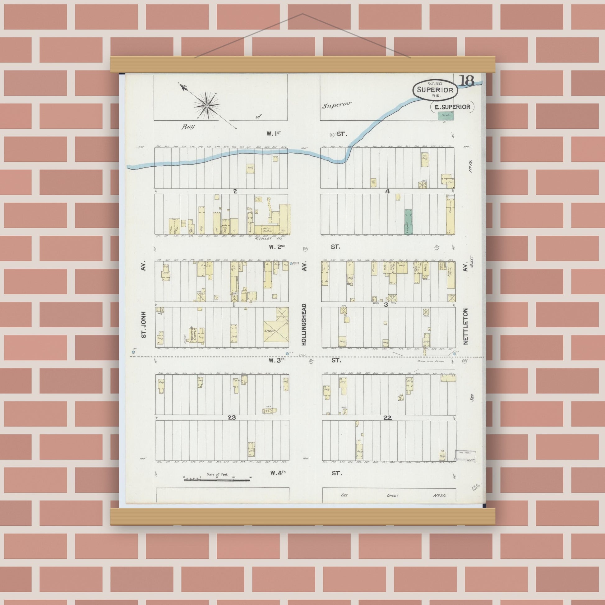 Old map wall art mockup — magnetic wood frame on brick wall — Sanborn Fire Insurance Map from Superior, Douglas County, Wisconsin (1889), Sheet #0018