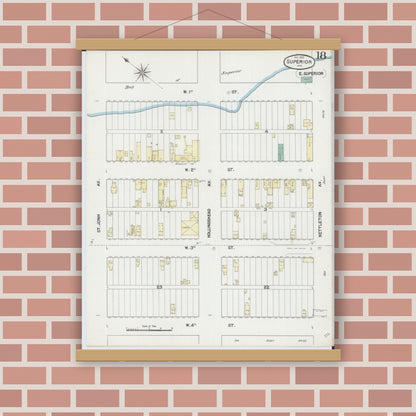 Old map wall art mockup — magnetic wood frame on brick wall — Sanborn Fire Insurance Map from Superior, Douglas County, Wisconsin (1889), Sheet #0018