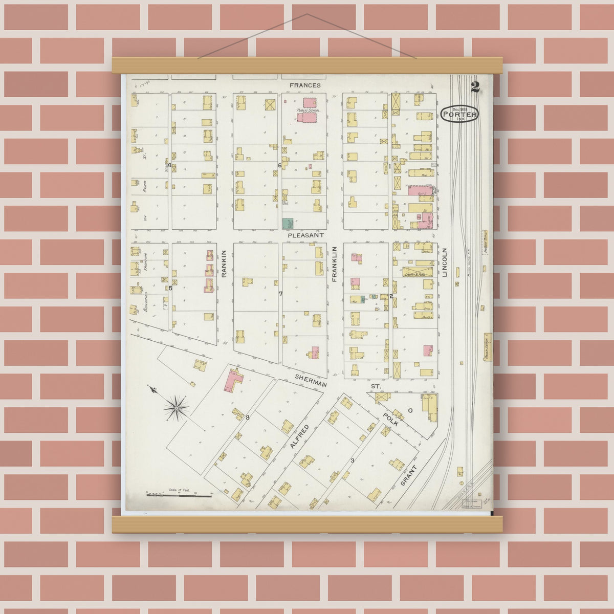 Old map wall art mockup — magnetic wood frame on brick wall — Sanborn Fire Insurance Map from Porter, Porter County, Indiana (1893), Sheet #0002
