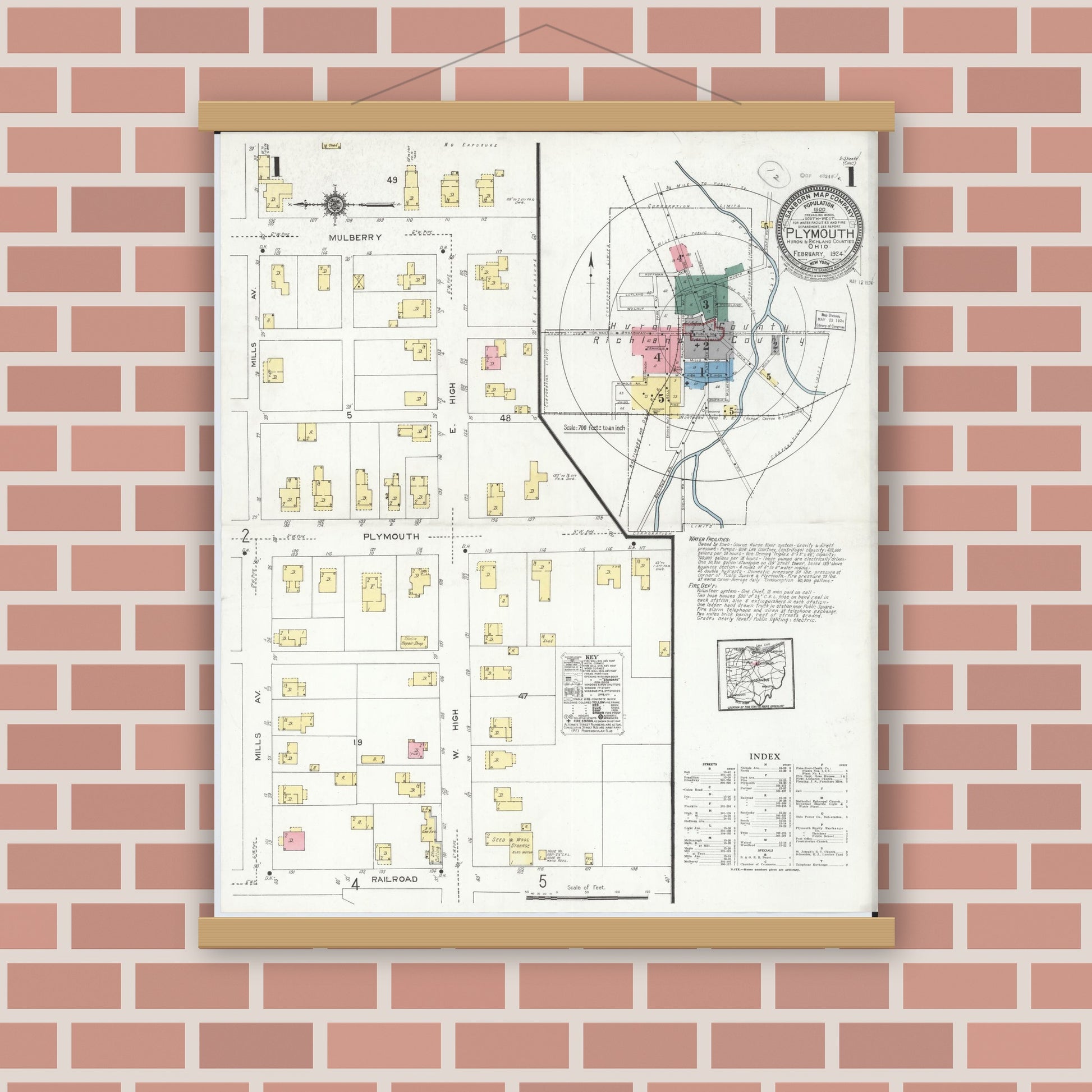 Old map wall art mockup — magnetic wood frame on brick wall — Sanborn Fire Insurance Map from Plymouth, Huron And Richland Counties, Ohio (1924) - Complete Map Set