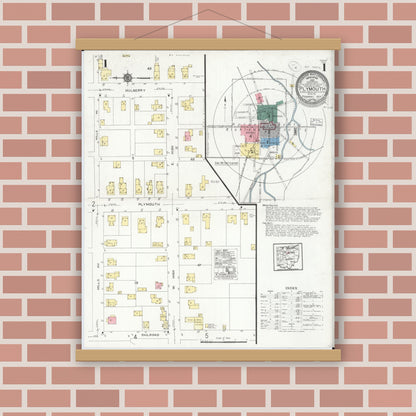 Old map wall art mockup — magnetic wood frame on brick wall — Sanborn Fire Insurance Map from Plymouth, Huron And Richland Counties, Ohio (1924) - Complete Map Set