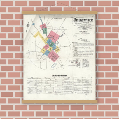 Old map wall art mockup — magnetic wood frame on brick wall — Sanborn Fire Insurance Map from Bridgewater, Plymouth County, Massachusetts (1921), Sheet #0001