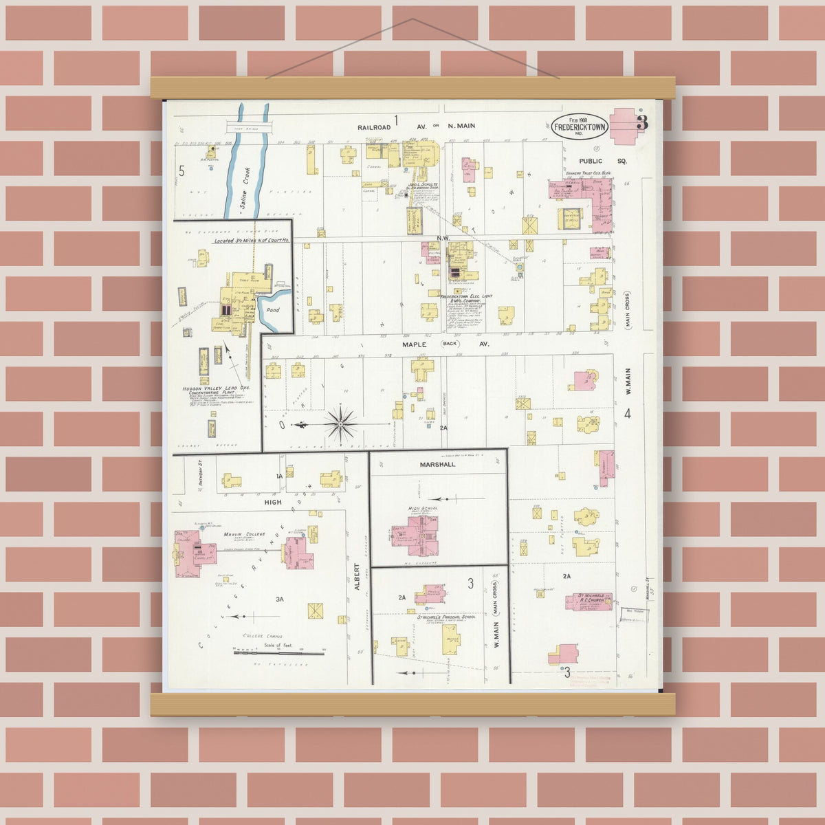 Old map wall art mockup — magnetic wood frame on brick wall — Sanborn Fire Insurance Map from Fredericktown, Madison County, Missouri (1908), Sheet #0003