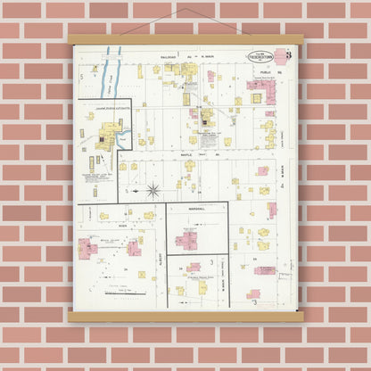 Old map wall art mockup — magnetic wood frame on brick wall — Sanborn Fire Insurance Map from Fredericktown, Madison County, Missouri (1908), Sheet #0003
