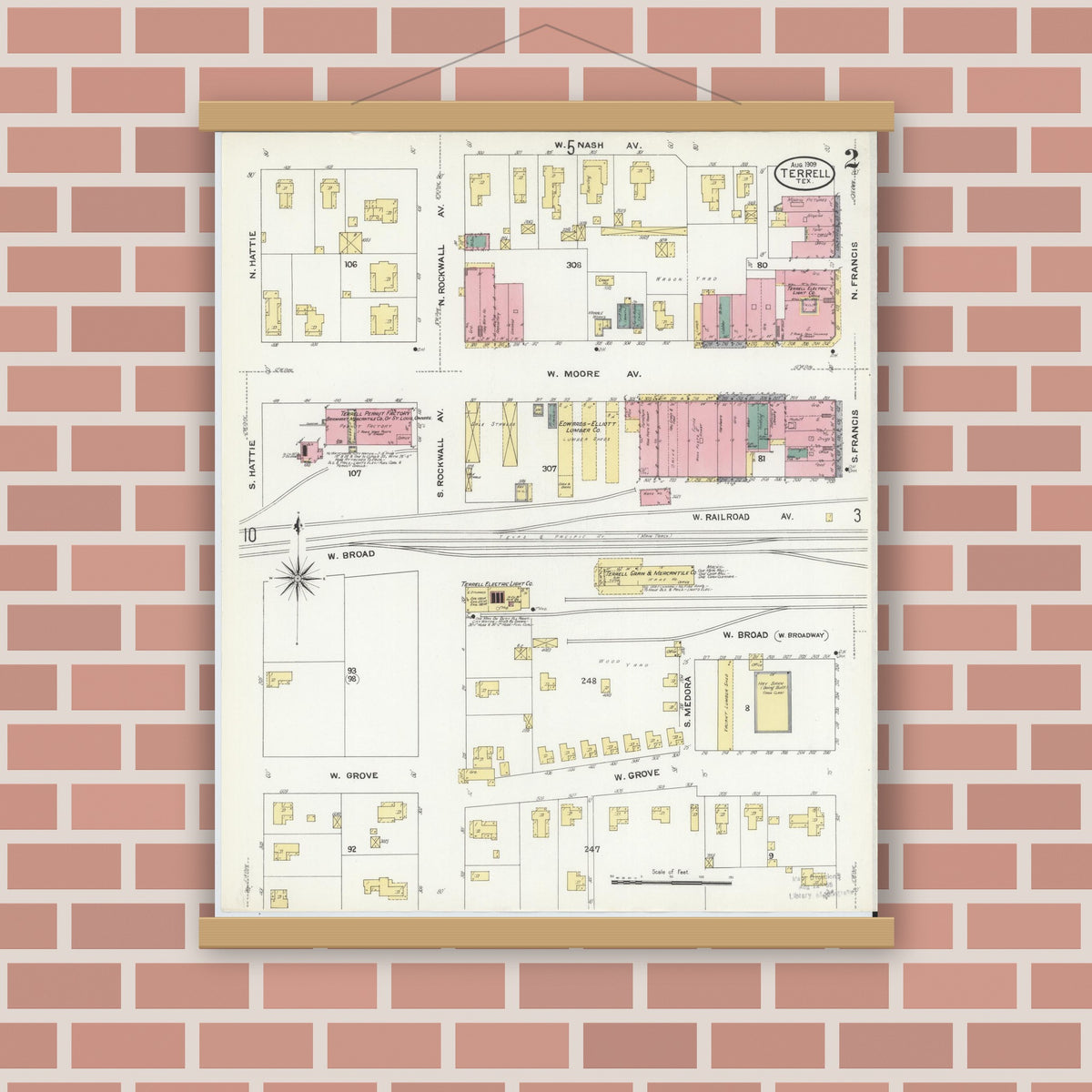 Old map wall art mockup — magnetic wood frame on brick wall — Sanborn Fire Insurance Map from Terrell, Kaufman County, Texas (1909), Sheet #0002