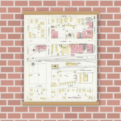 Old map wall art mockup — magnetic wood frame on brick wall — Sanborn Fire Insurance Map from Terrell, Kaufman County, Texas (1909), Sheet #0002
