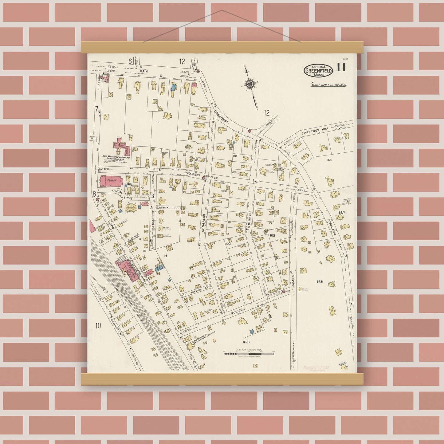 Old map wall art mockup — magnetic wood frame on brick wall — Sanborn Fire Insurance Map from Greenfield, Franklin County, Massachusetts (1922), Sheet #0011