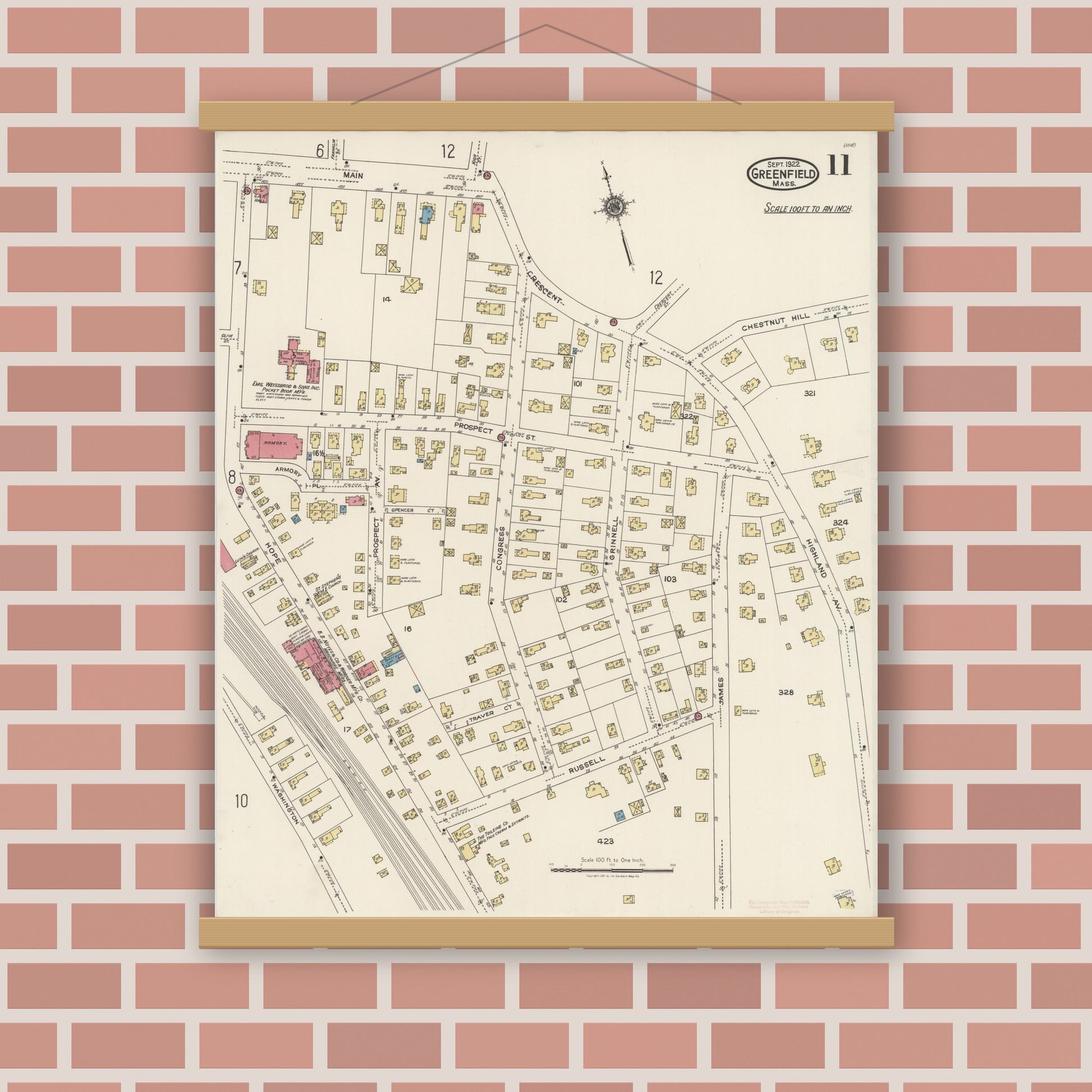 Old map wall art mockup — magnetic wood frame on brick wall — Sanborn Fire Insurance Map from Greenfield, Franklin County, Massachusetts (1922), Sheet #0011