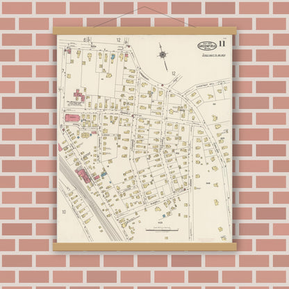 Old map wall art mockup — magnetic wood frame on brick wall — Sanborn Fire Insurance Map from Greenfield, Franklin County, Massachusetts (1922), Sheet #0011
