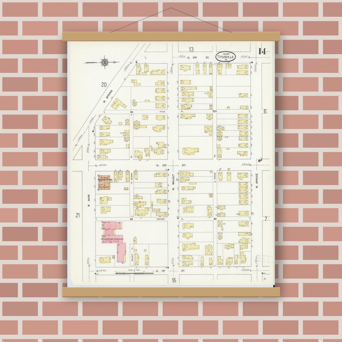 Old map wall art mockup — magnetic wood frame on brick wall — Sanborn Fire Insurance Map from Titusville, Crawford County, Pennsylvania (1912), Sheet #0014