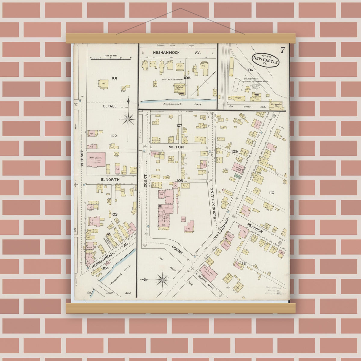 Old map wall art mockup — magnetic wood frame on brick wall — Sanborn Fire Insurance Map from New Castle, Lawrence County, Pennsylvania (1888), Sheet #0007
