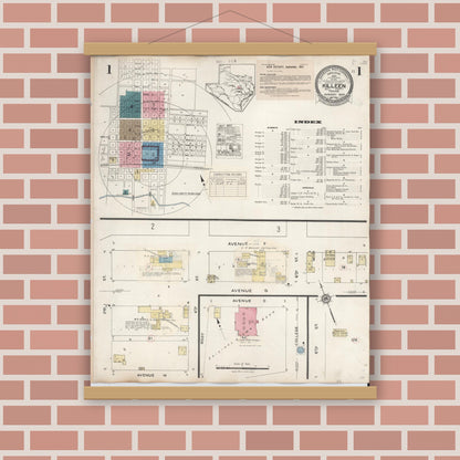 Old map wall art mockup — magnetic wood frame on brick wall — Sanborn Fire Insurance Map from Killeen, Bell County, Texas (1937), Sheet #0001