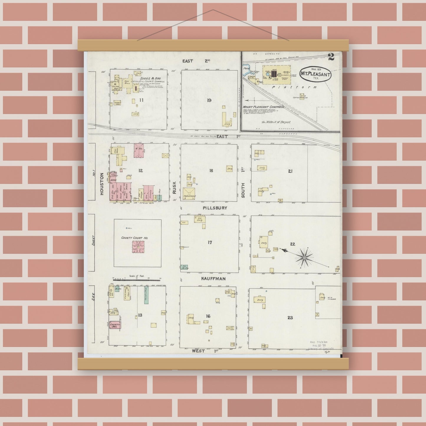 Old map wall art mockup — magnetic wood frame on brick wall — Sanborn Fire Insurance Map from Mount Pleasant, Titus County, Texas (1891), Sheet #0002