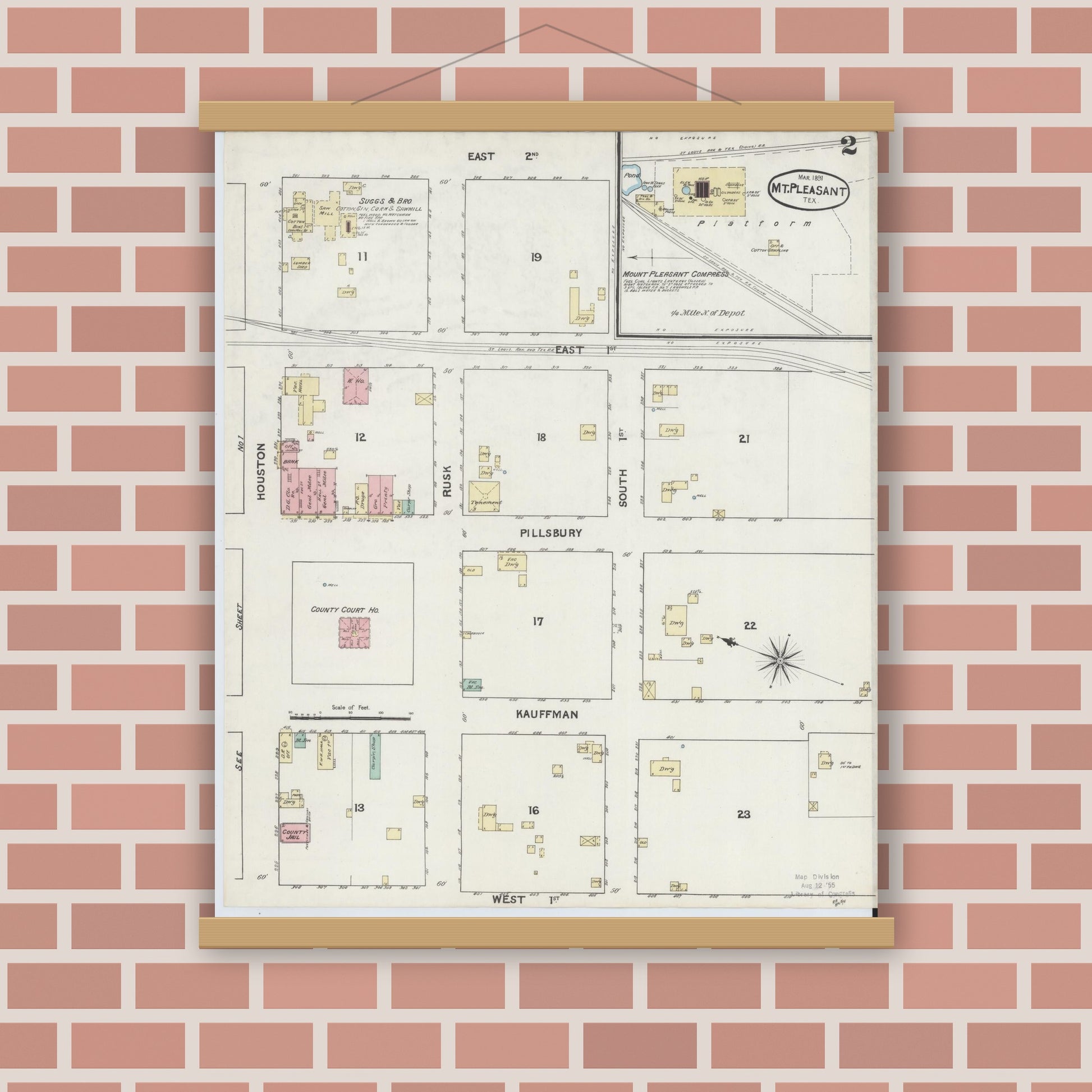 Old map wall art mockup — magnetic wood frame on brick wall — Sanborn Fire Insurance Map from Mount Pleasant, Titus County, Texas (1891), Sheet #0002