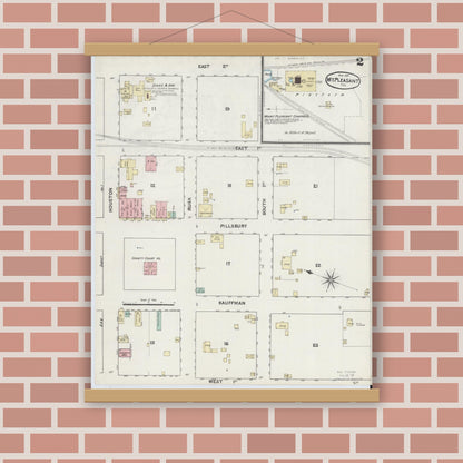 Old map wall art mockup — magnetic wood frame on brick wall — Sanborn Fire Insurance Map from Mount Pleasant, Titus County, Texas (1891), Sheet #0002