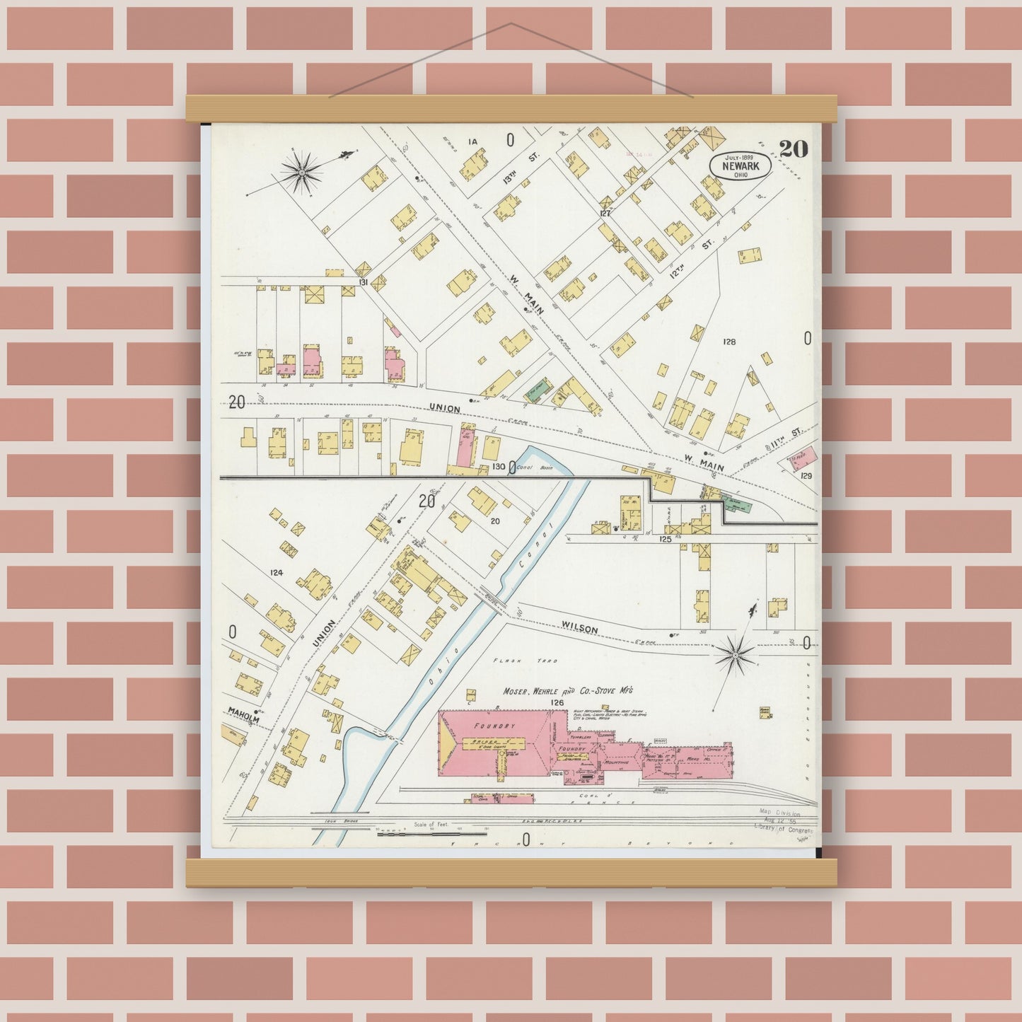 Old map wall art mockup — magnetic wood frame on brick wall — Sanborn Fire Insurance Map from Newark, Licking County, Ohio (1899), Sheet #0020