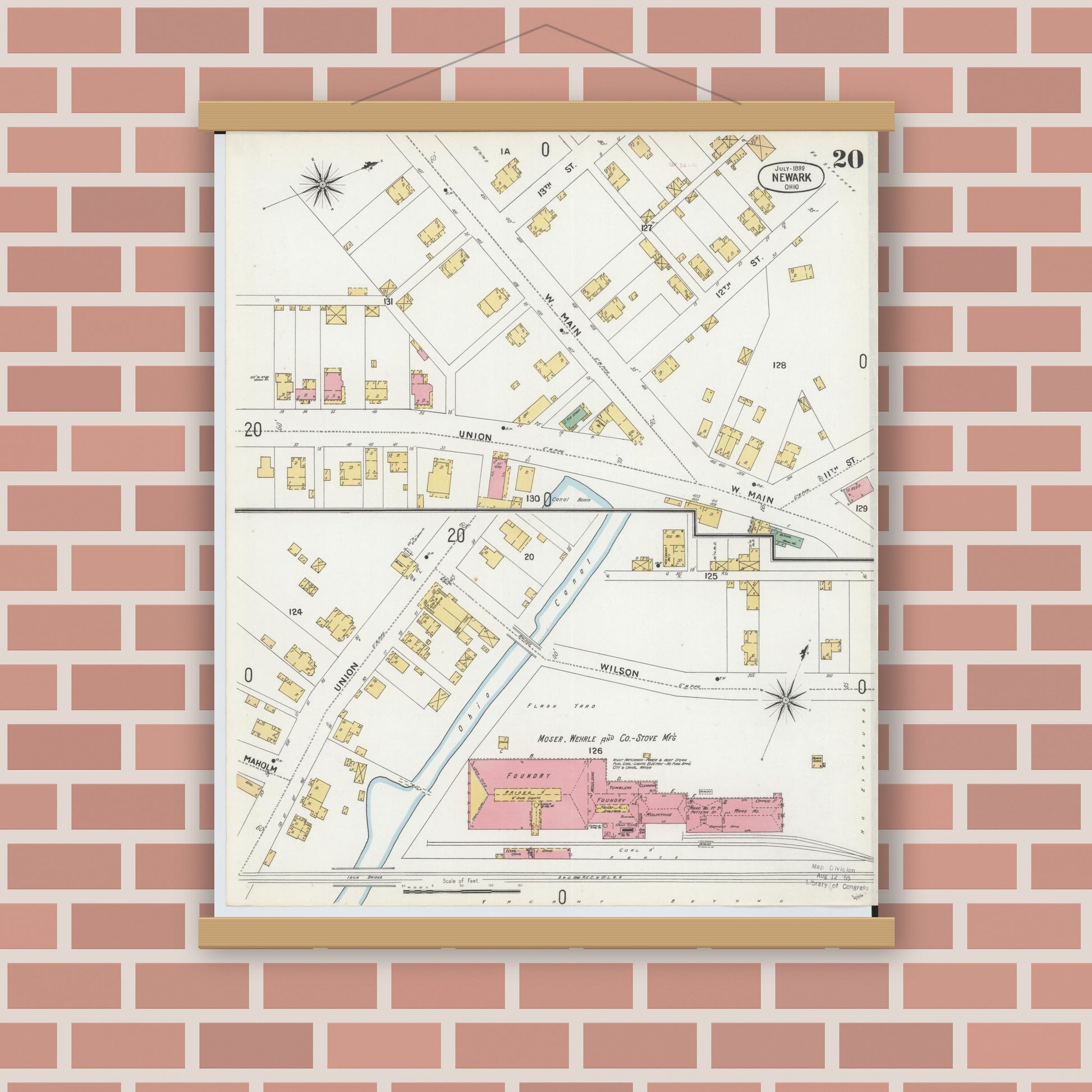 Old map wall art mockup — magnetic wood frame on brick wall — Sanborn Fire Insurance Map from Newark, Licking County, Ohio (1899), Sheet #0020
