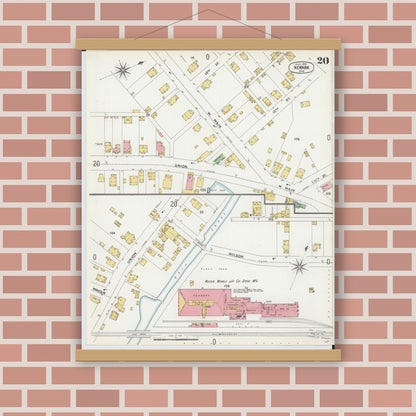 Old map wall art mockup — magnetic wood frame on brick wall — Sanborn Fire Insurance Map from Newark, Licking County, Ohio (1899), Sheet #0020