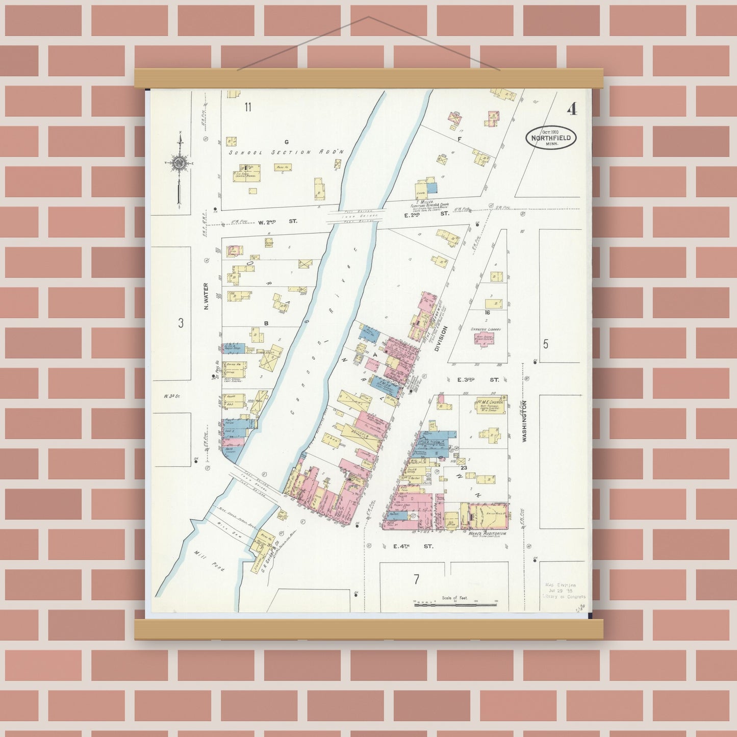 Old map wall art mockup — magnetic wood frame on brick wall — Sanborn Fire Insurance Map from Northfield, Rice County, Minnesota (1910), Sheet #0004