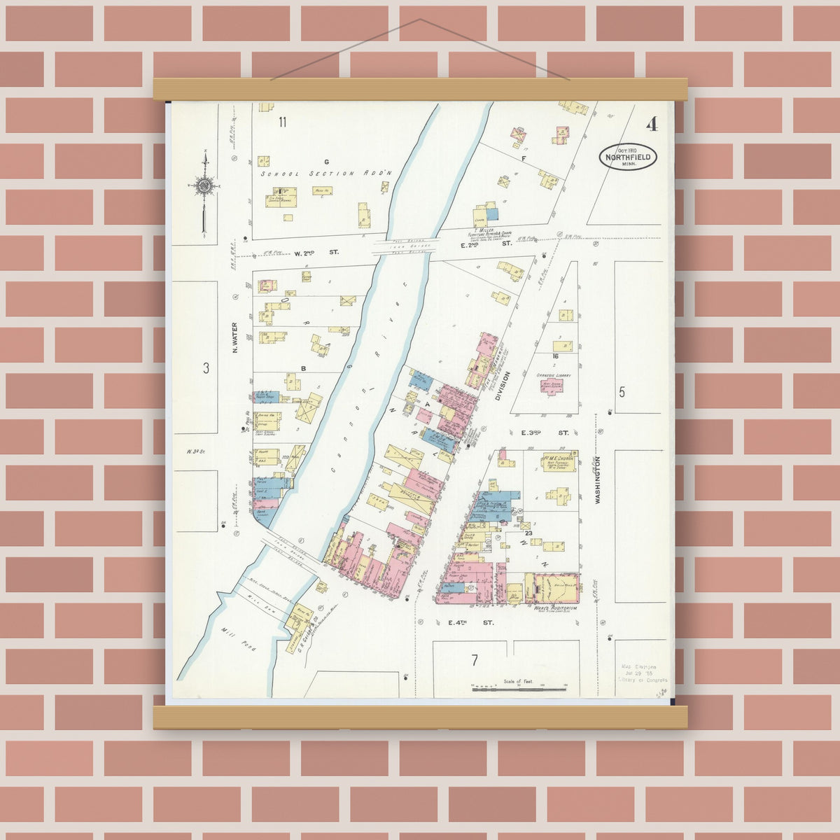 Old map wall art mockup — magnetic wood frame on brick wall — Sanborn Fire Insurance Map from Northfield, Rice County, Minnesota (1910), Sheet #0004